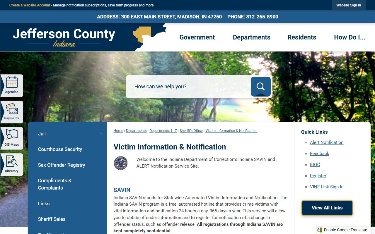 Jefferson County warrant search victim information notification page